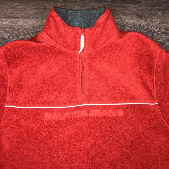 Nautica Jeans Company Mens Retro Style Red Pullover 1/4 Zip Fleece Sweater Sz L - Picture 2 of 5